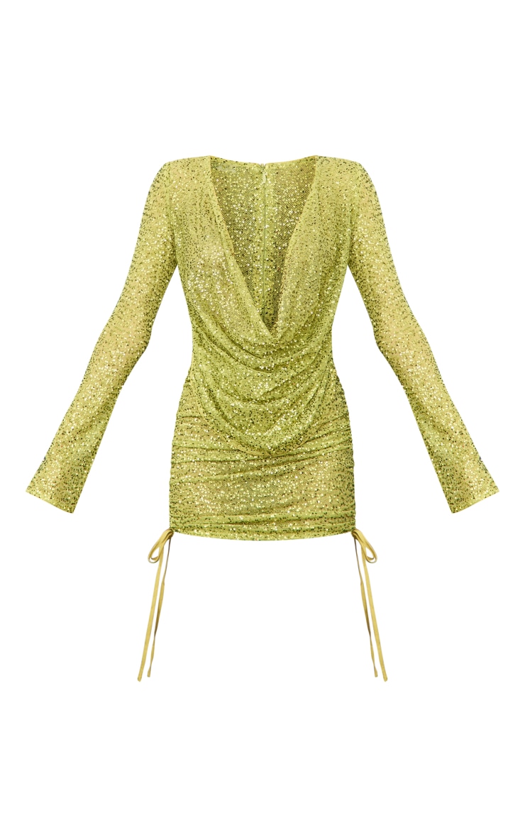 Olive Sheer Sequin Cowl Neck Ruched Mini Dress Dresses PLT QA
