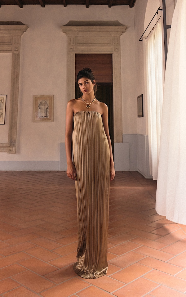 PLT Label Gold Plisse Satin Column Bandeau Maxi Dress