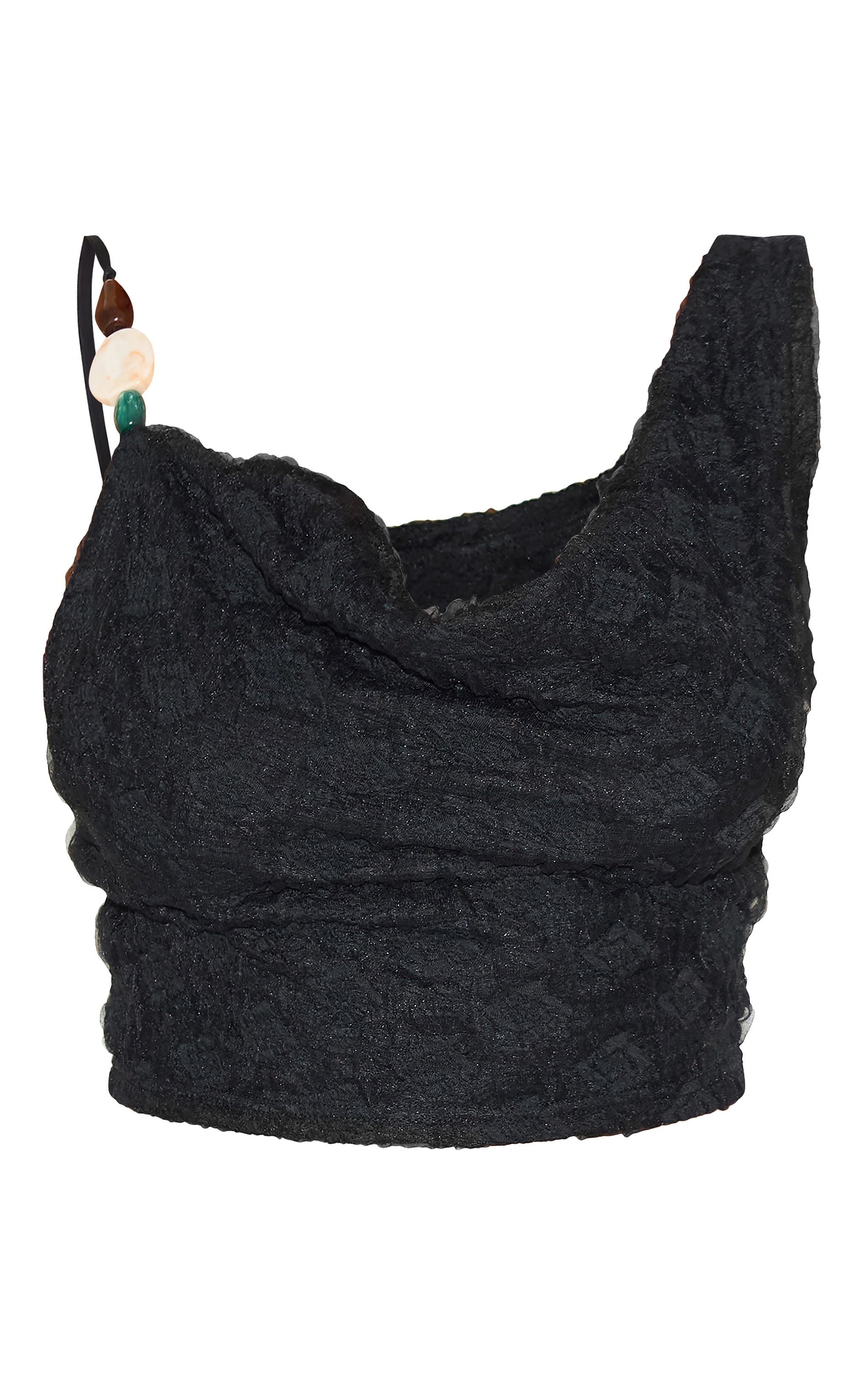 Shape Black Textured Cowl Neck Beaded Strap Crop Top image 5