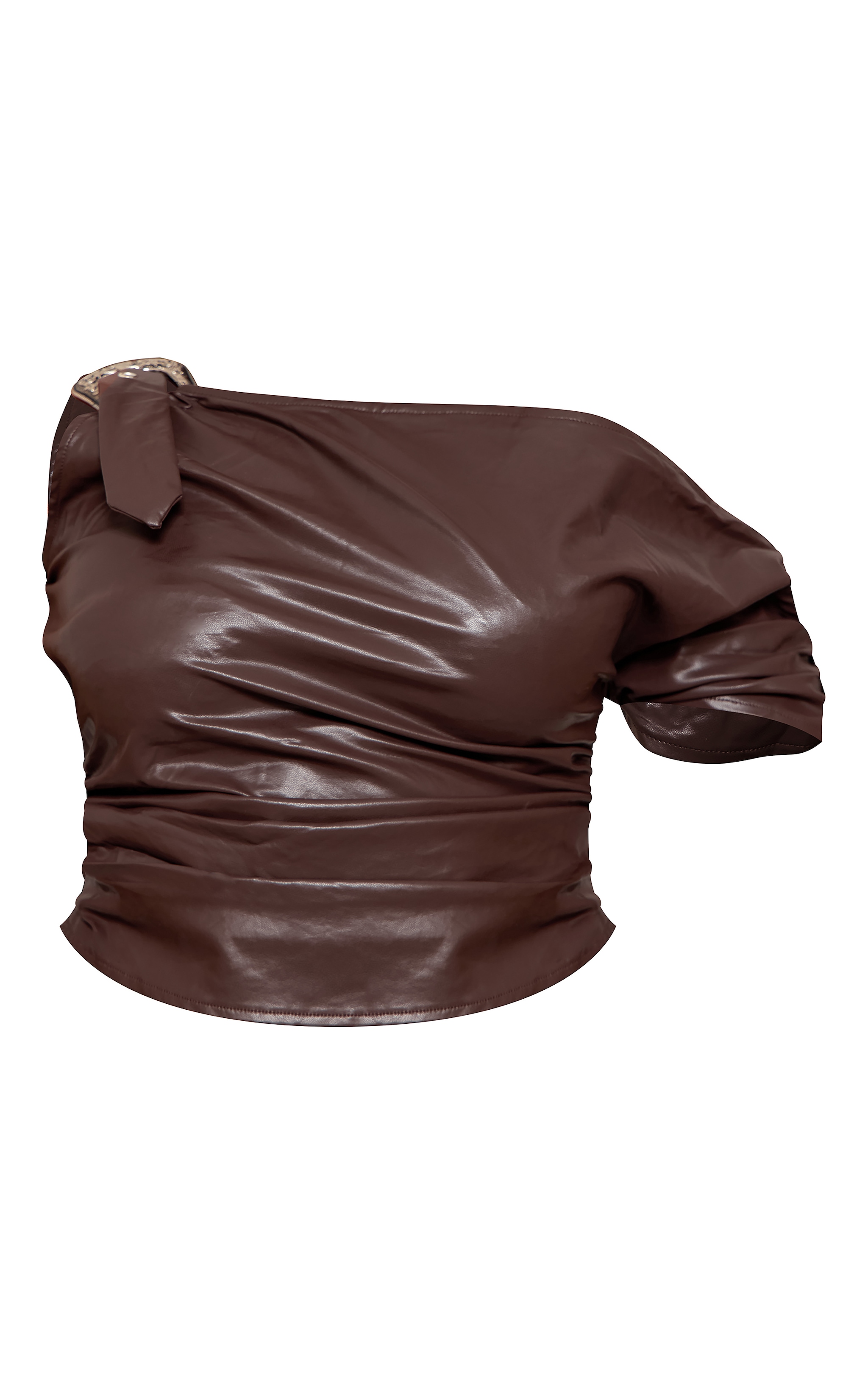 Plus Chocolate Brown Faux Leather Buckle Detail Cowl Neck Top image 5