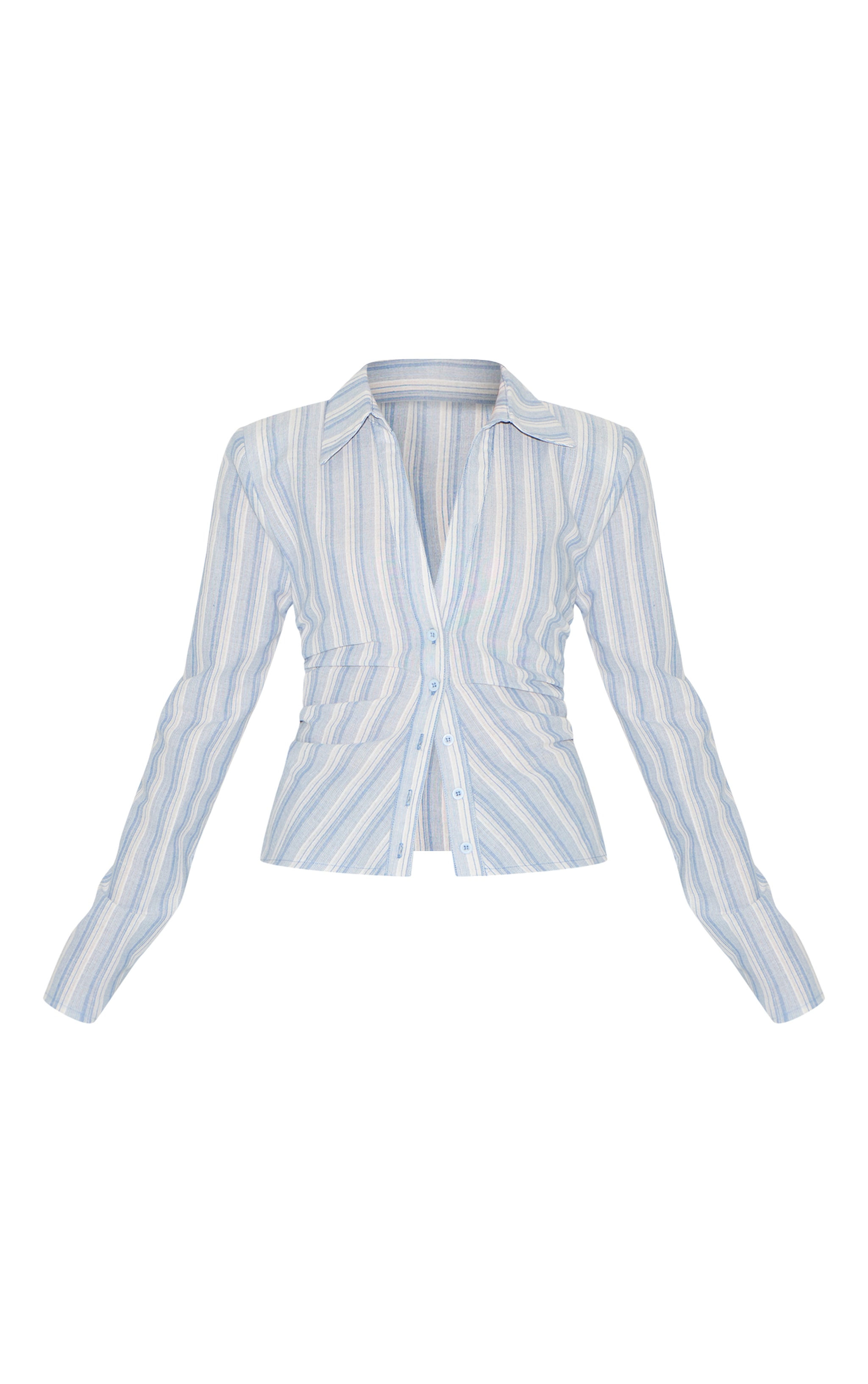 Petite Blue Stripe Linen Look Shoulder Padded Fitted Shirt image 5