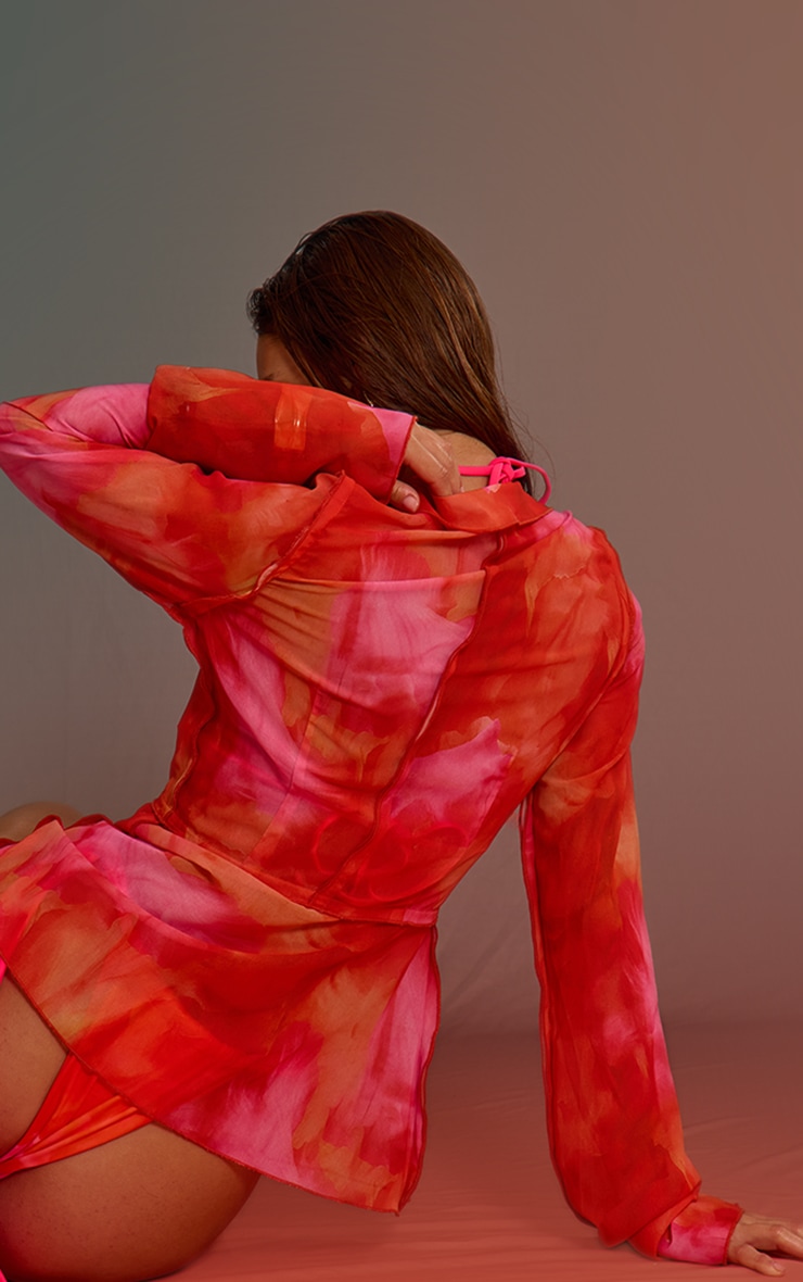 Orange Ombre Print Long Sleeve Tie Front Beach Shirt image 2