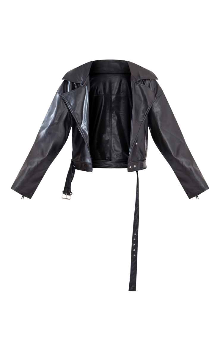 Black Faux Leather Relaxed Fit Belted Biker Jacket image 5