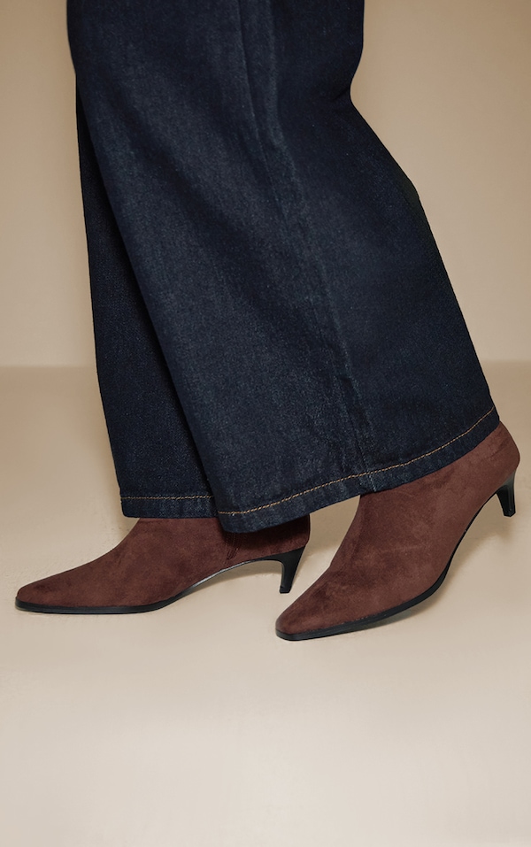 Chocolate Faux Suede Kitten Heel Ankle Boot