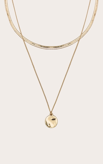 Gold Circle Pendant Layered Snake Chain Necklace