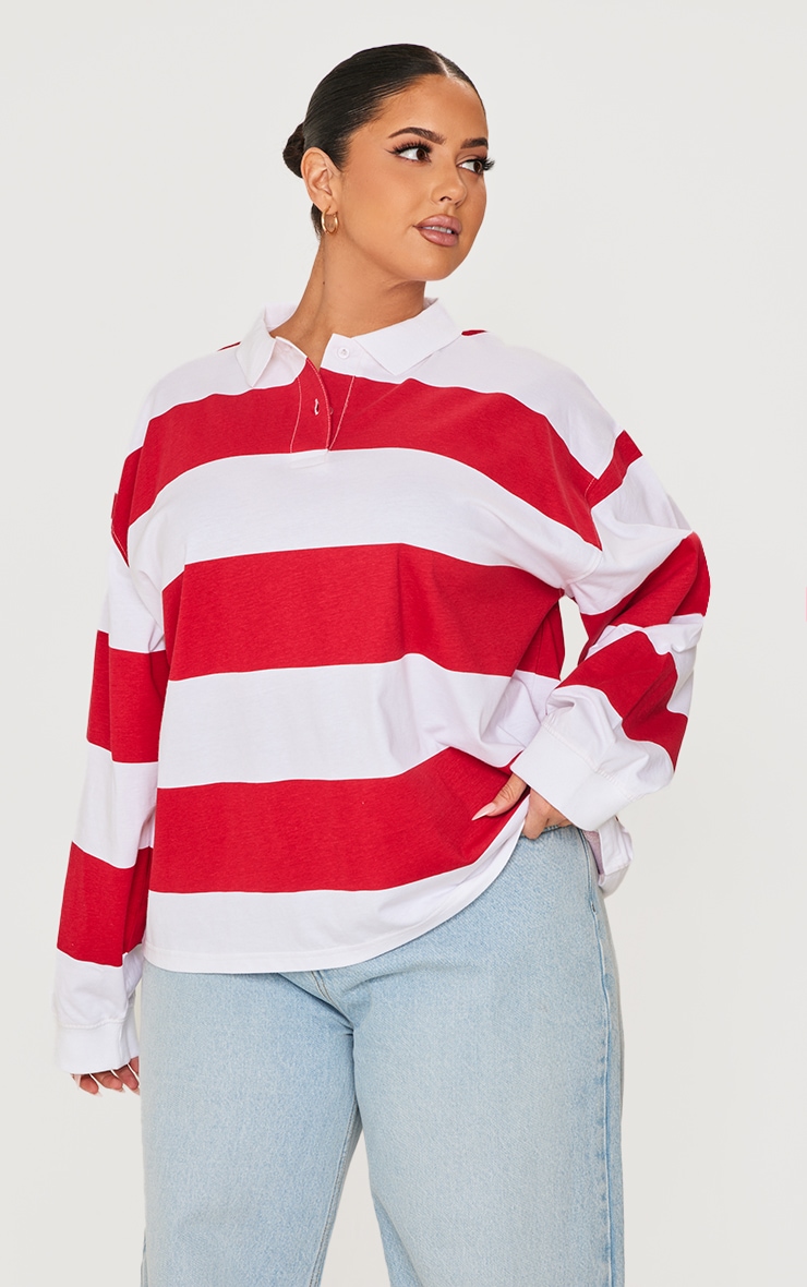 Plus Red Stripey Collared Oversized Top image 3