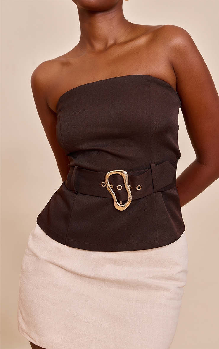 Chocolate Woven Belted Trim Detail Bandeau Top image 4