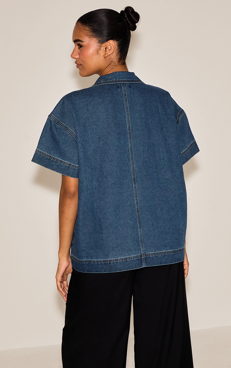 Dark Blue Boxy Pocket Detail Short Sleeve Denim Rugby Shirt image 2