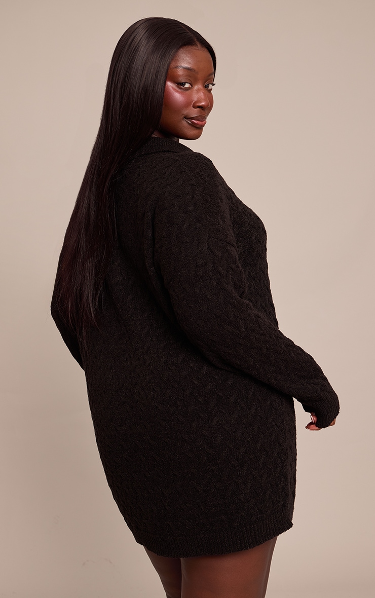 Plus Black Boucle Cable Knit Mini Shirt Dress image 2