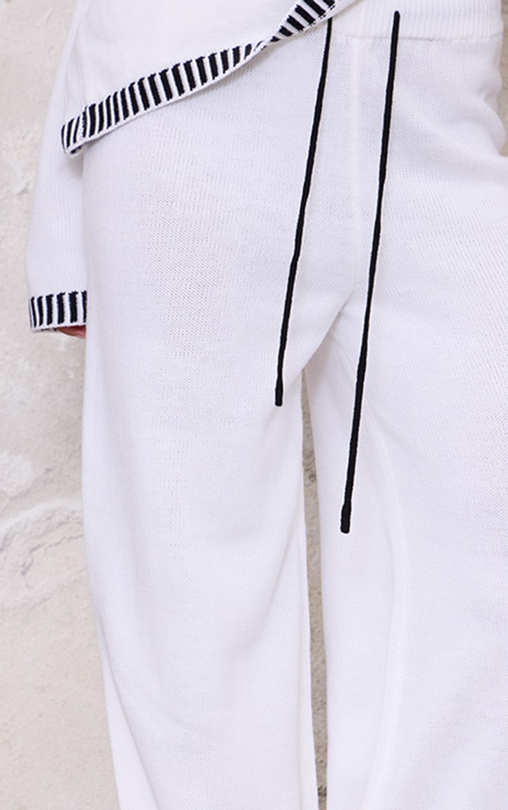 Cream Contrast Stitch Detail Knit Drawstring Waist Trousers image 4