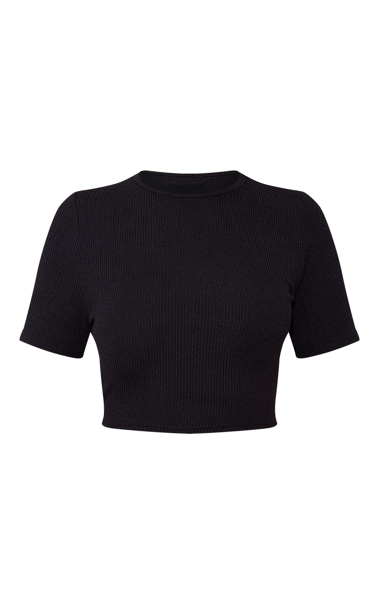 Black Textured Rib Short Sleeve T Shirt image 5