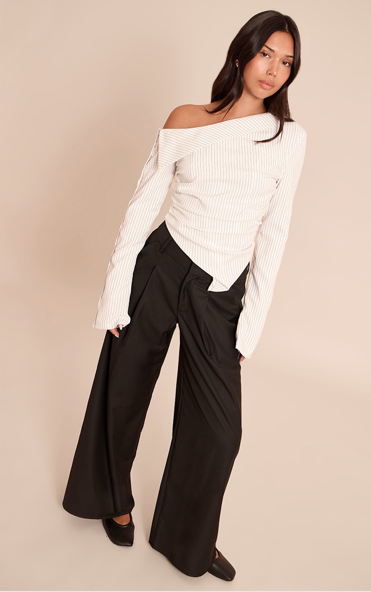 Monochrome Pinstripe Bardot Asymmetric Hem Long Sleeve Shirt image 3