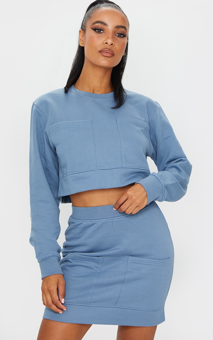 Blue Pocket Detail Cropped Sweater
