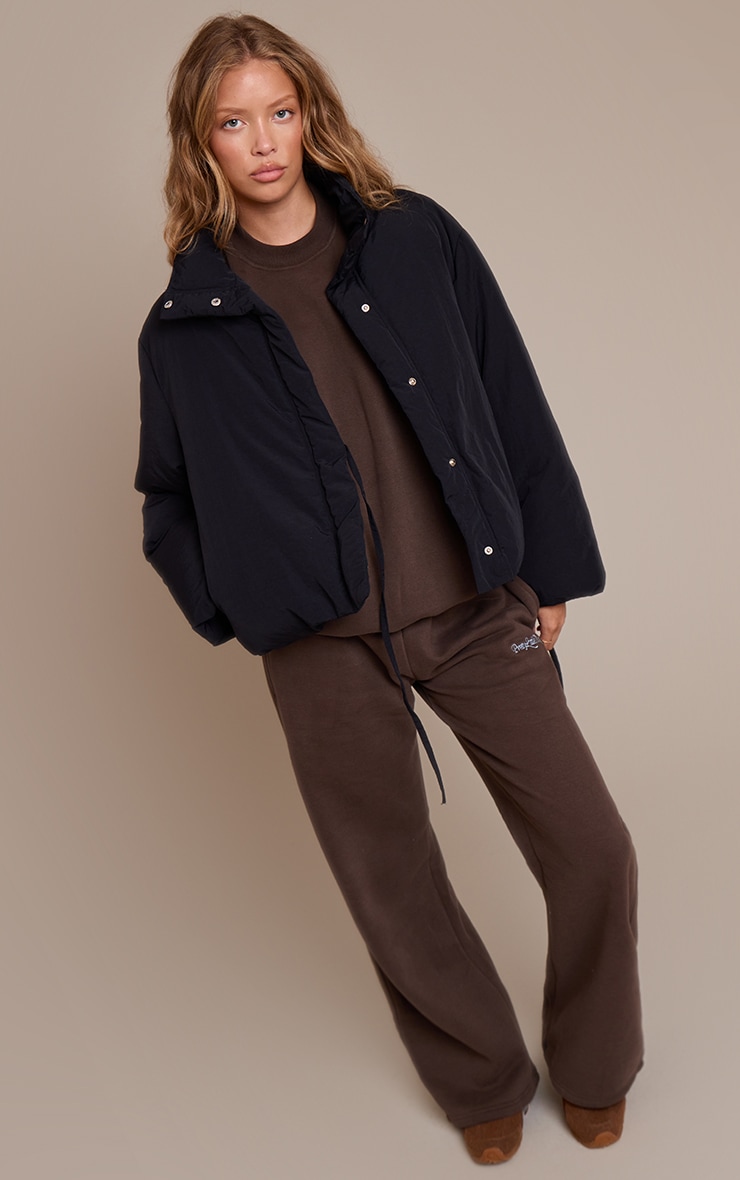 Black High Neck Tie Waist Quilted Jacket image 3