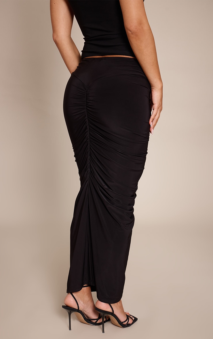 Black Double Layer Slinky Ruched Detail Maxi Skirt  image 3