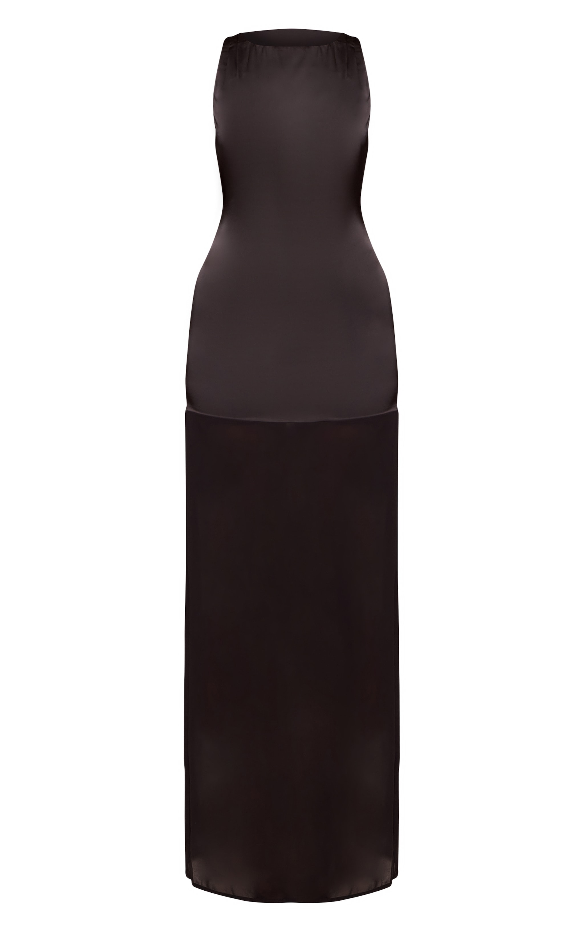 Robe mi-longue noire en matière satinée à col bateau avec détail en mousseline de soie. image 5