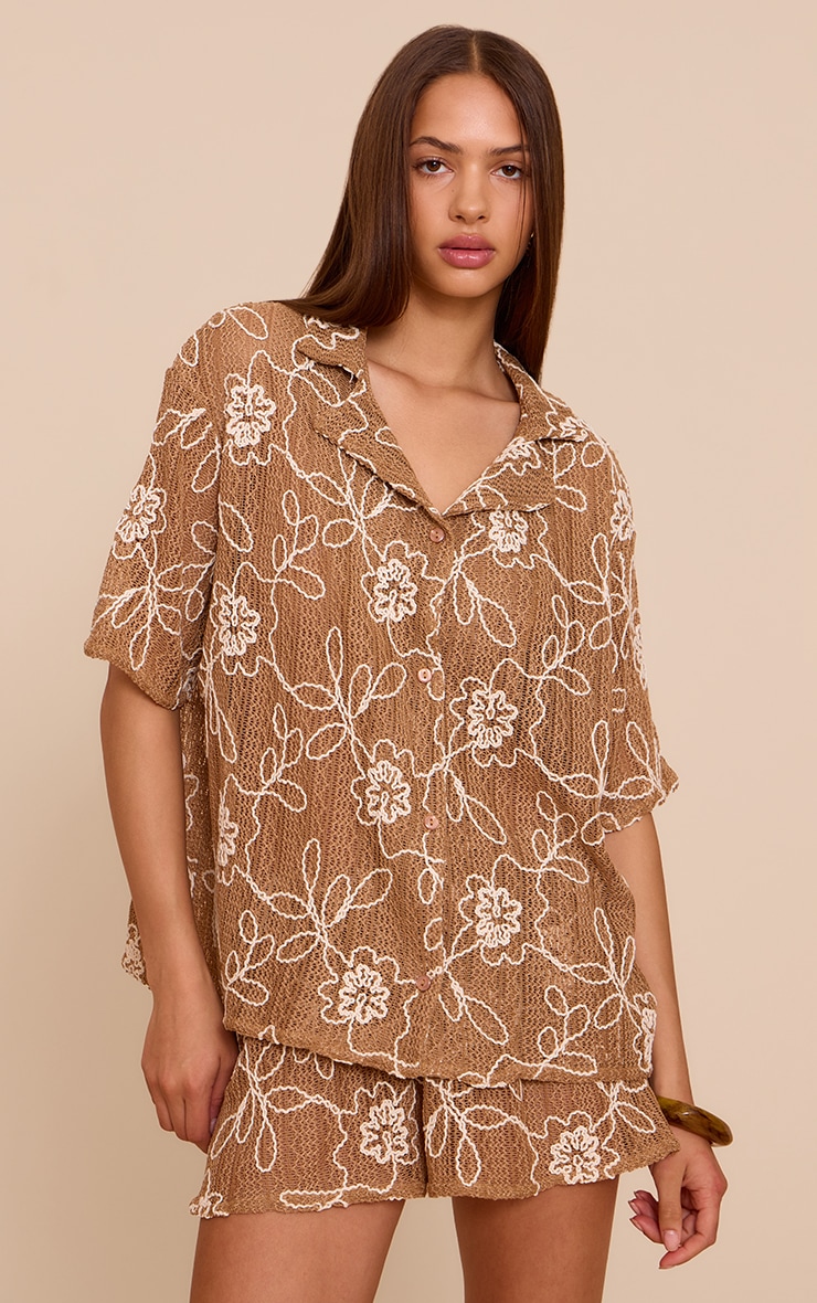 Tan Embroidered Floral Short Sleeve Shirt image 1
