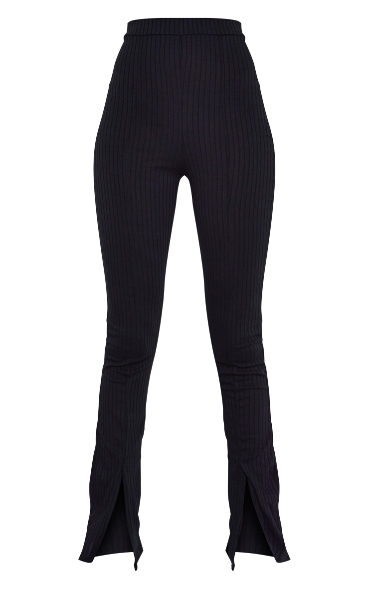 Tall Black Rib Split Hem Flared Trousers image 5