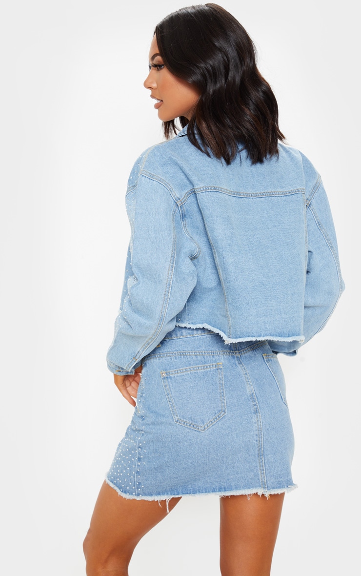 Light Wash Diamante Denim Jacket Denim PrettyLittleThing AUS
