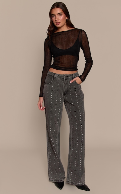 Washed Grey Studded High Waisted Denim Jeans