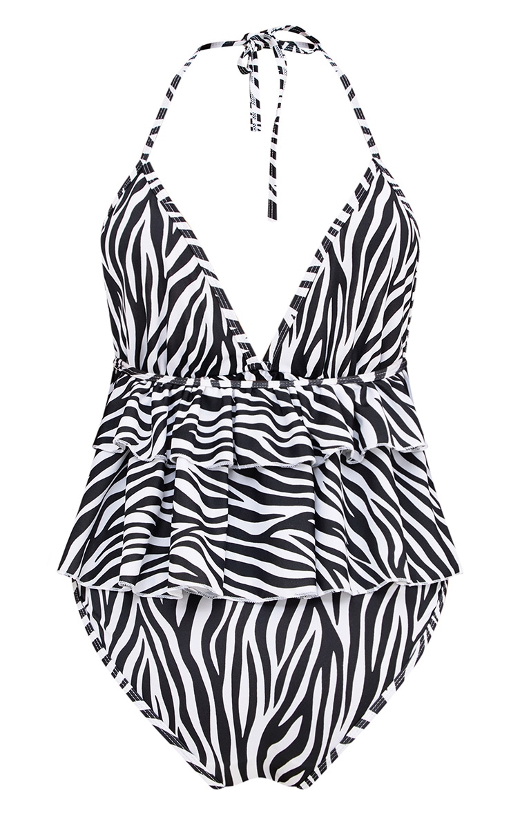 Zebra Print Frill Layer Swimsuit. Swimsuit PrettyLittleThing