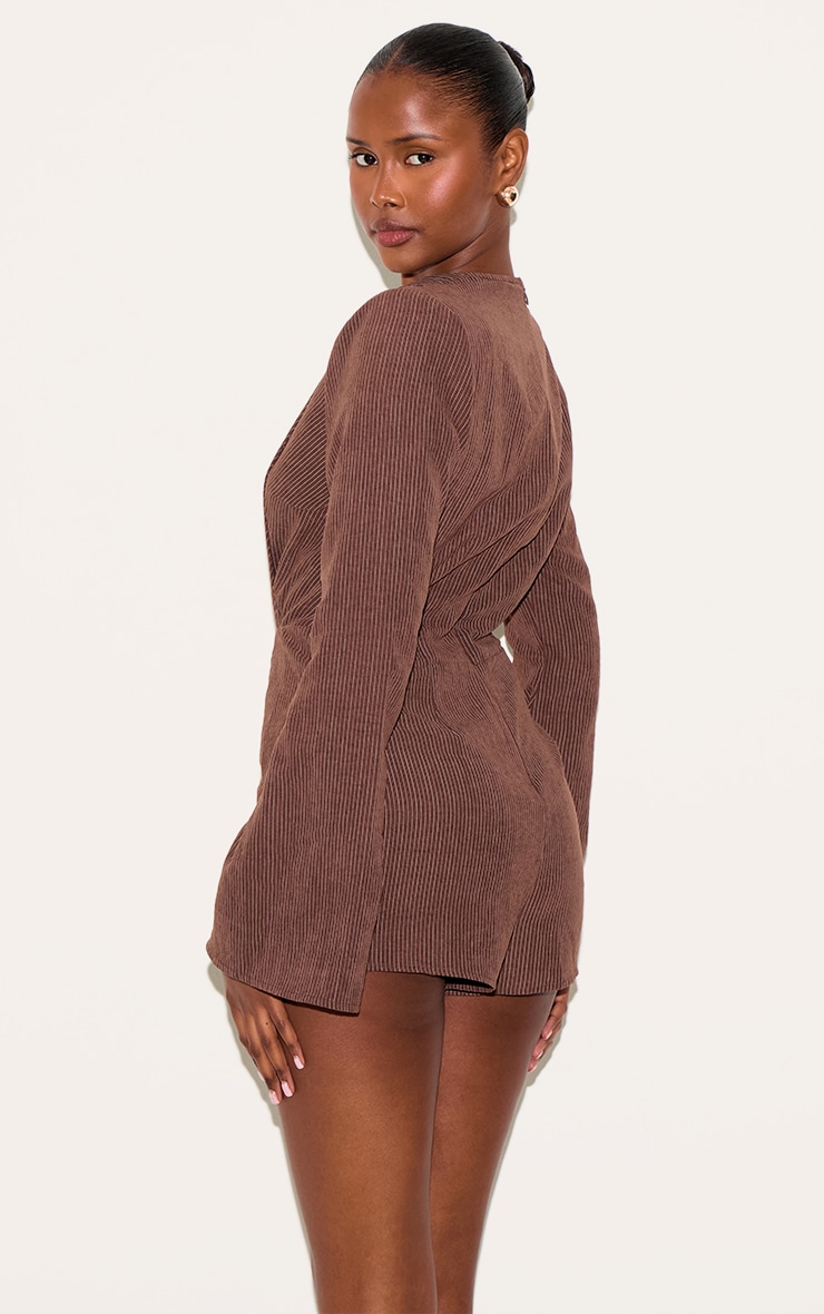 Brown Pinstripe Peachskin Wrap Front Long Sleeve Romper image 2