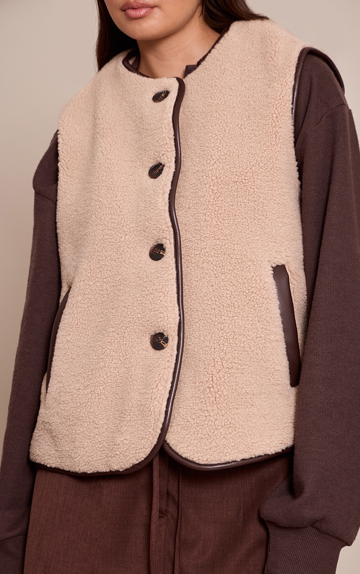Beige Borg Faux Leather Trim Gilet image 4