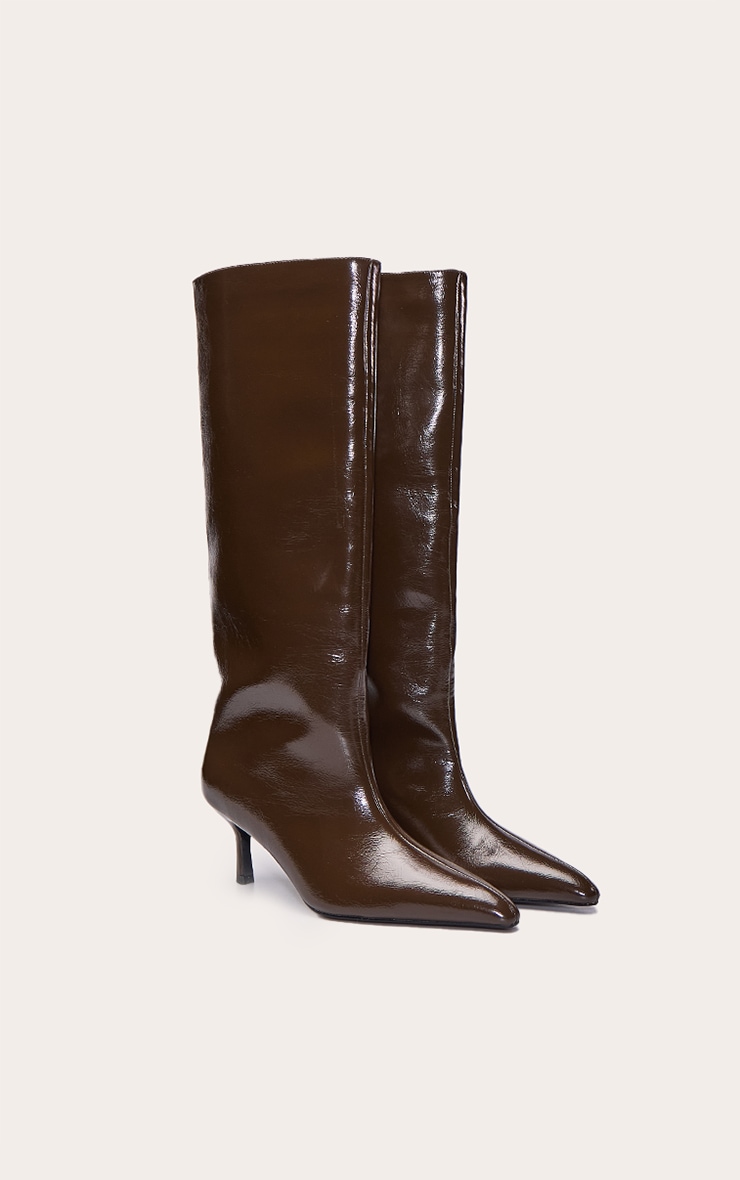 Olive Crinkle PU Kitten Heeled Knee High Boot image 3