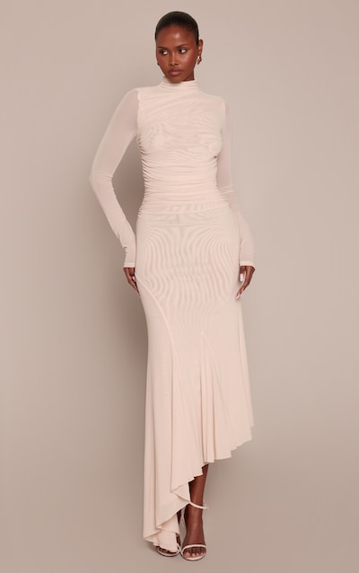 Robe longue en mesh crème froncée à col montant et manches longues