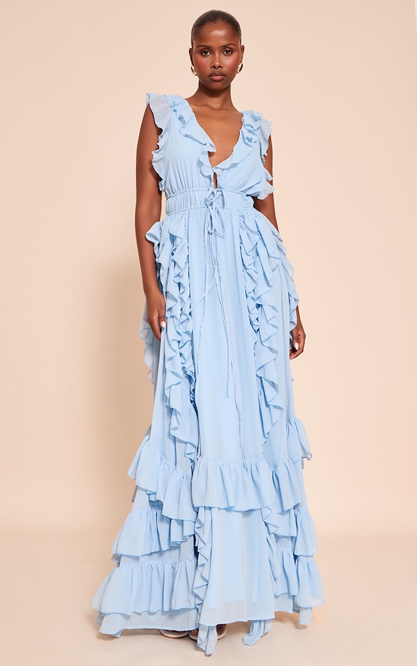 Blue Extreme Frill Detail Maxi Dress