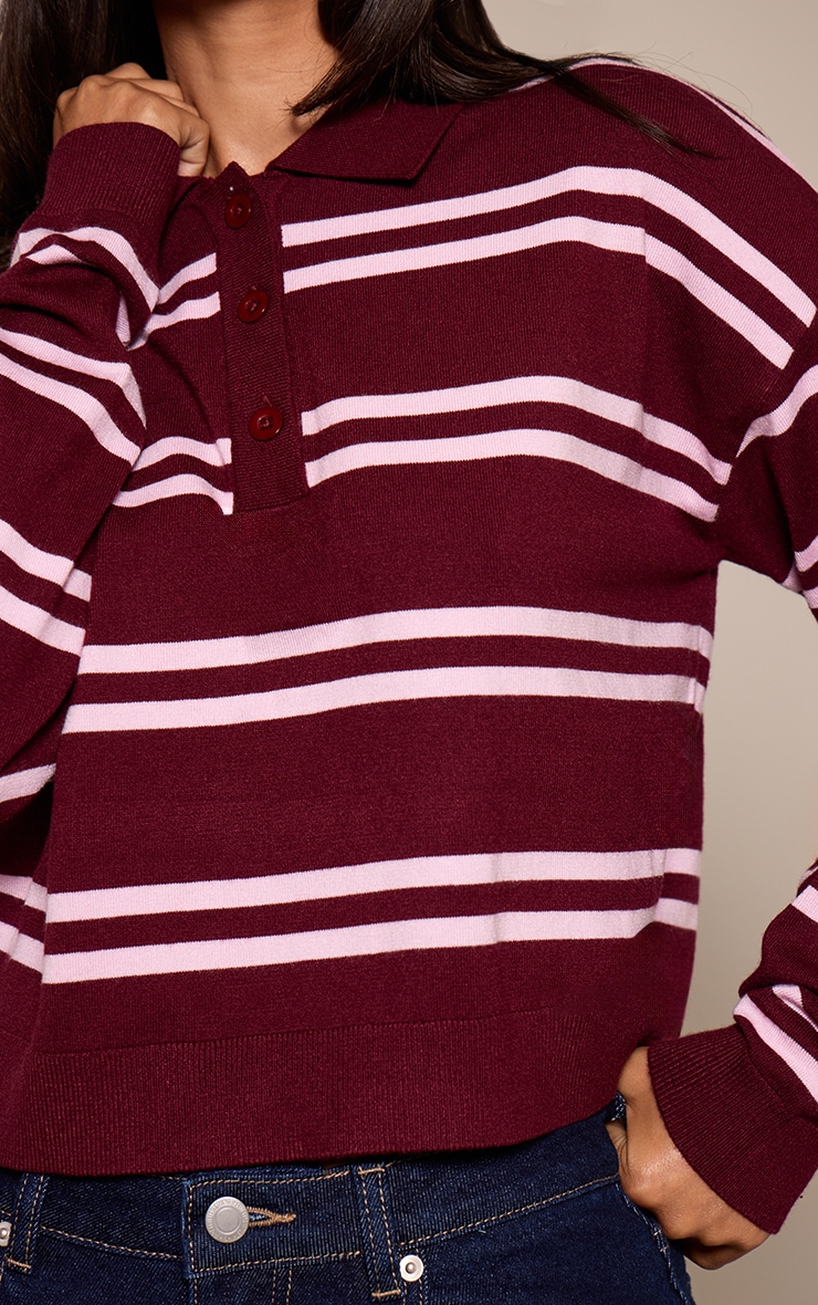 Petite Burgundy and Pink Stripe Polo Knit Long Sleeve Rugby Top  image 4