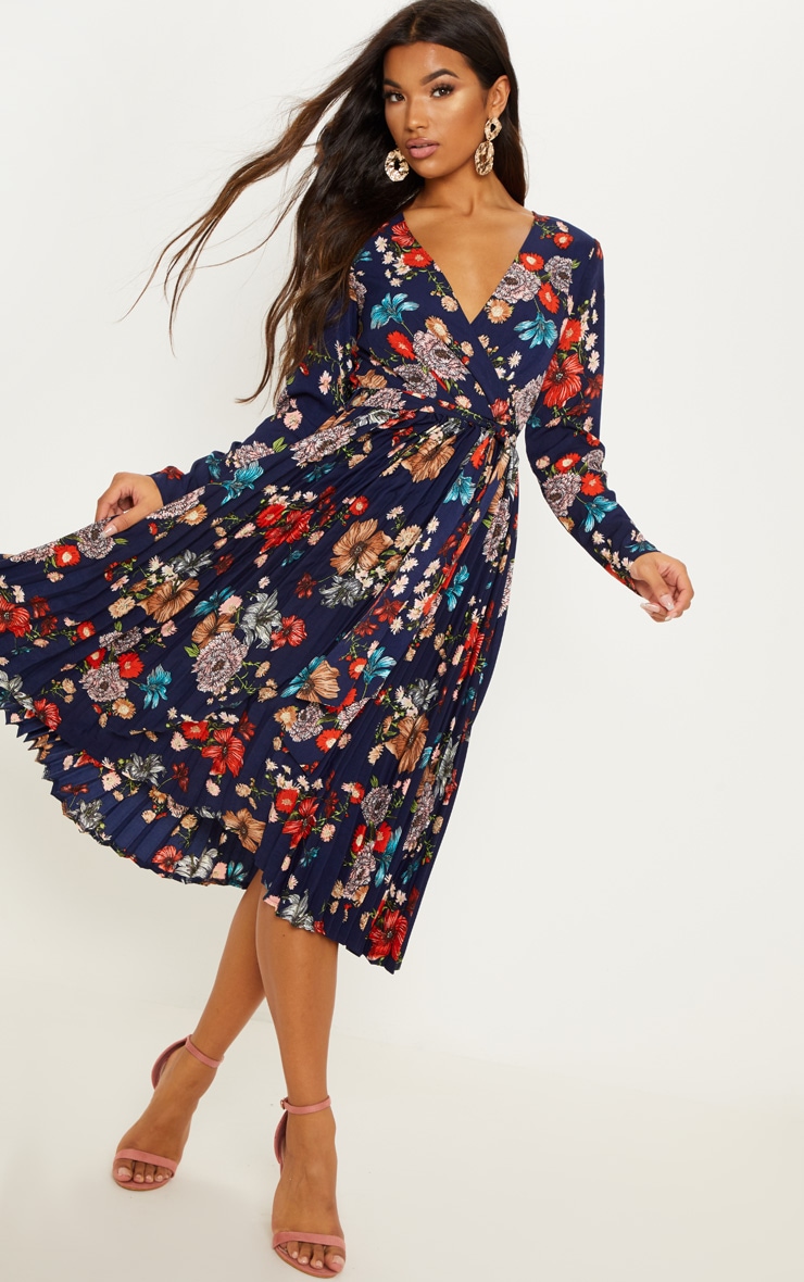 Navy Floral Long Sleeve Midi Dress ...