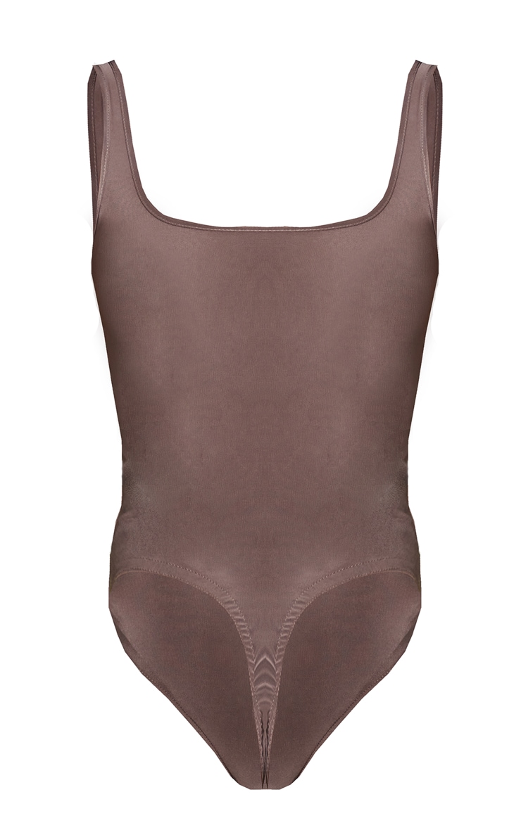 Tall Taupe. Slinky Square Neck Thong Bodysuit image 6