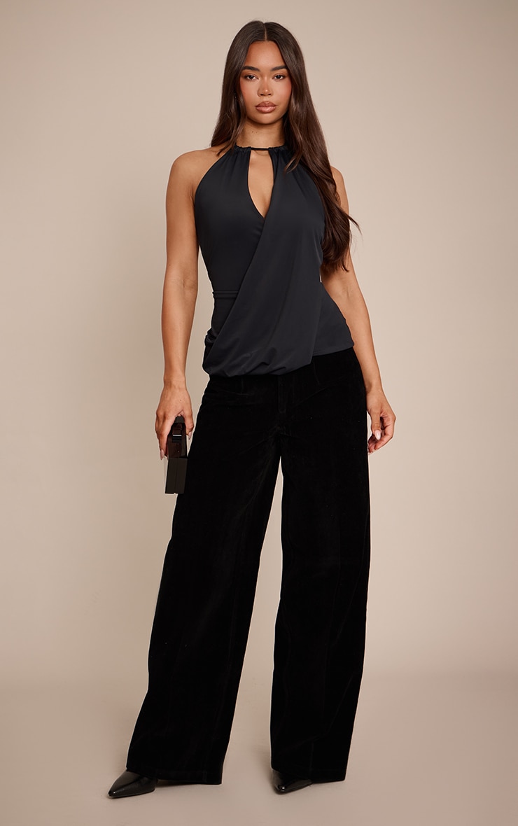 Black Matte Sculpt Halter Neck Drapey  Long Top  image 3