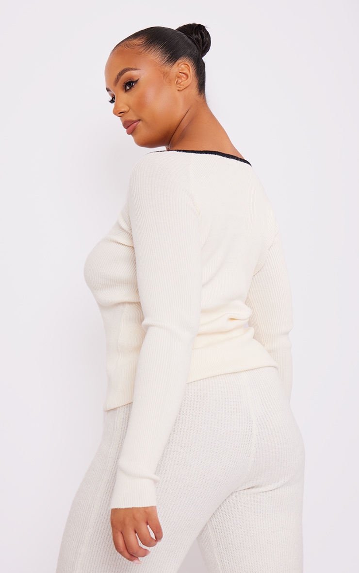 Plus Cream Knitted Ribbed Contrast Long Top image 2