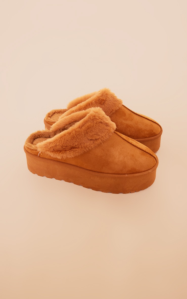 Chestnut Faux Suede Cleated Faux Fur Platform Mules image 4