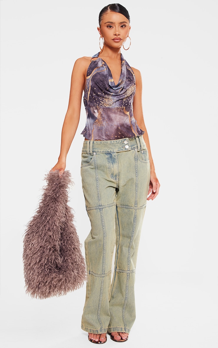 Petite Top long en mesh frappé imprimé bleu à col bénitier image 3