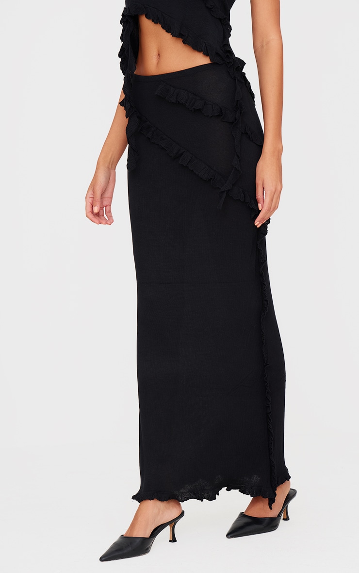 Black Rib Knit Frill Detail Maxi Skirt image 2