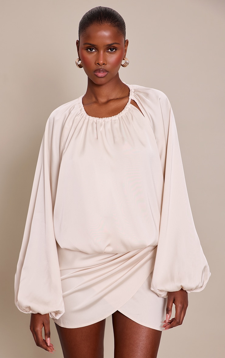 Cream Satin Wrap Ruched Long Sleeve Mini Dress image 1