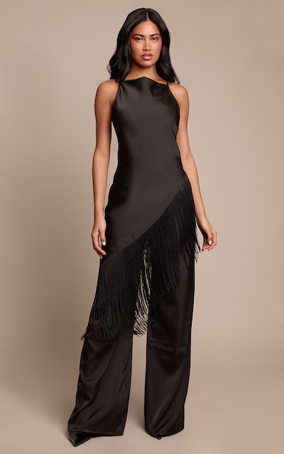 Black Satin Fringe Detail Jumpsuit