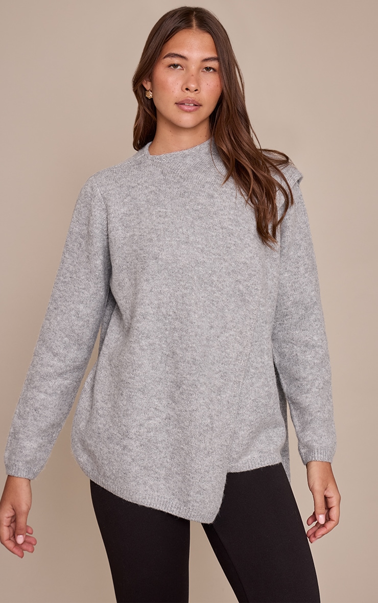 Grey Scarf Wrap Detail Knitted Jumper  image 4