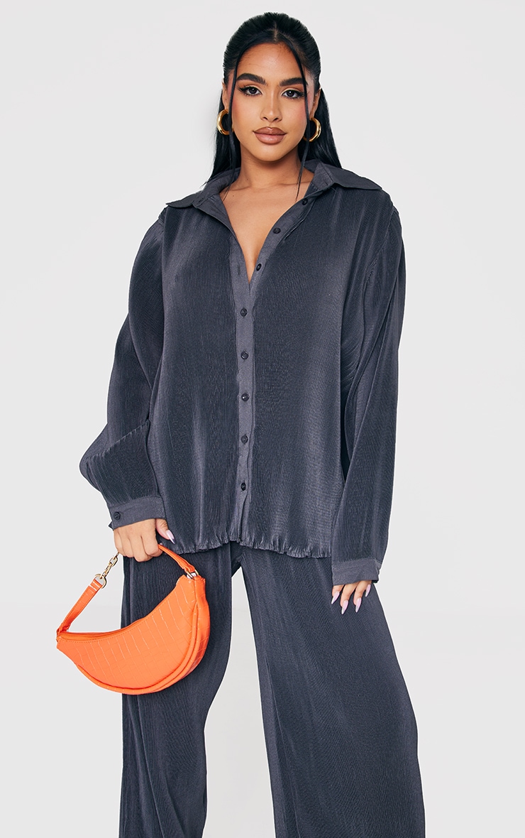Petite Charcoal Plisse Oversized Cuff Detail Shirt