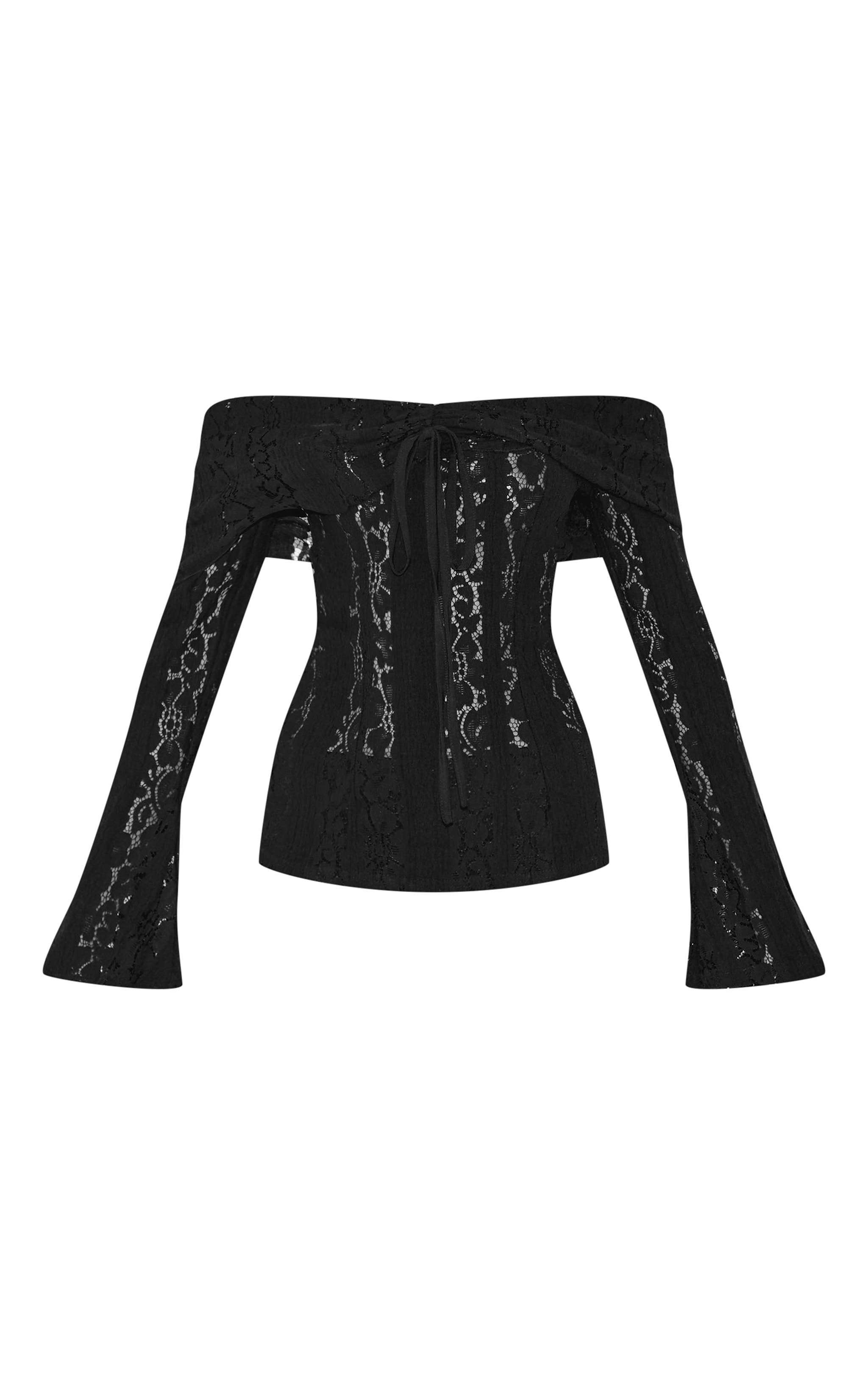 Black Fitted Lace Flared Sleeve Bardot Top image 5