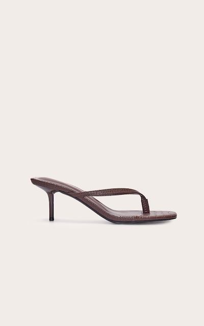 Brown Croc Pu Square Toe Thong Mid Stiletto Heeled Mules