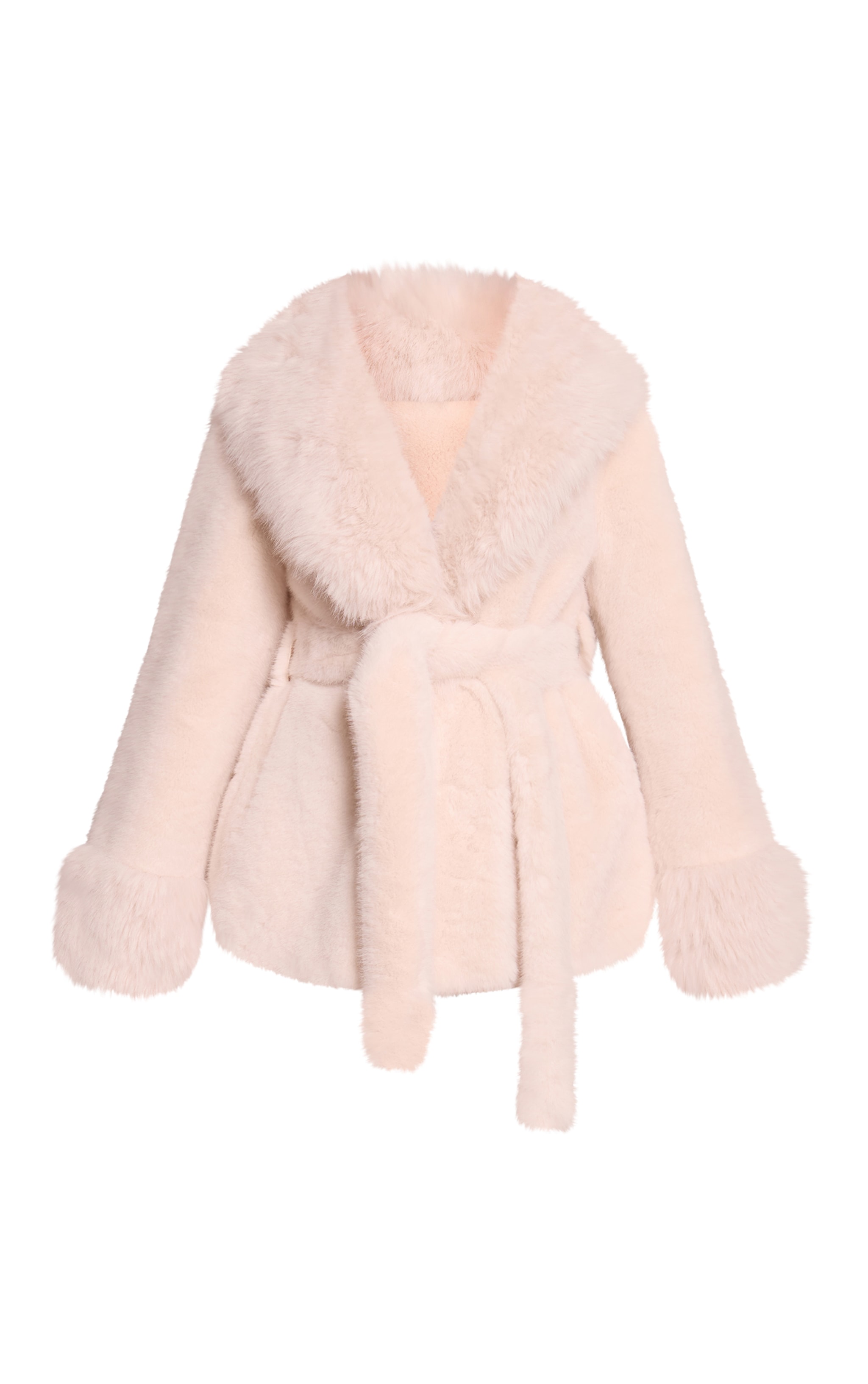 Petite Cream Plush Faux Fur Self Tie Coat image 5