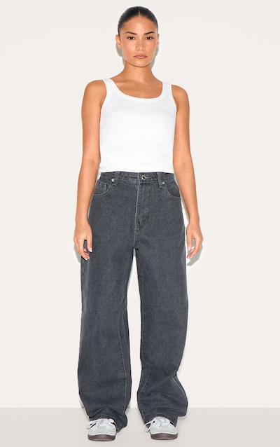 PRETTYLITTLETHING Petite Grey High Waist Boyfriend Jeans