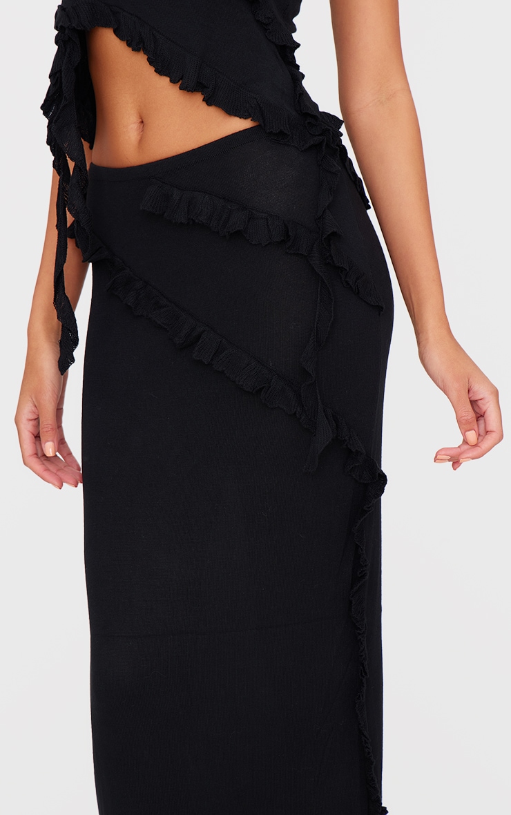 Black Rib Knit Frill Detail Maxi Skirt image 4