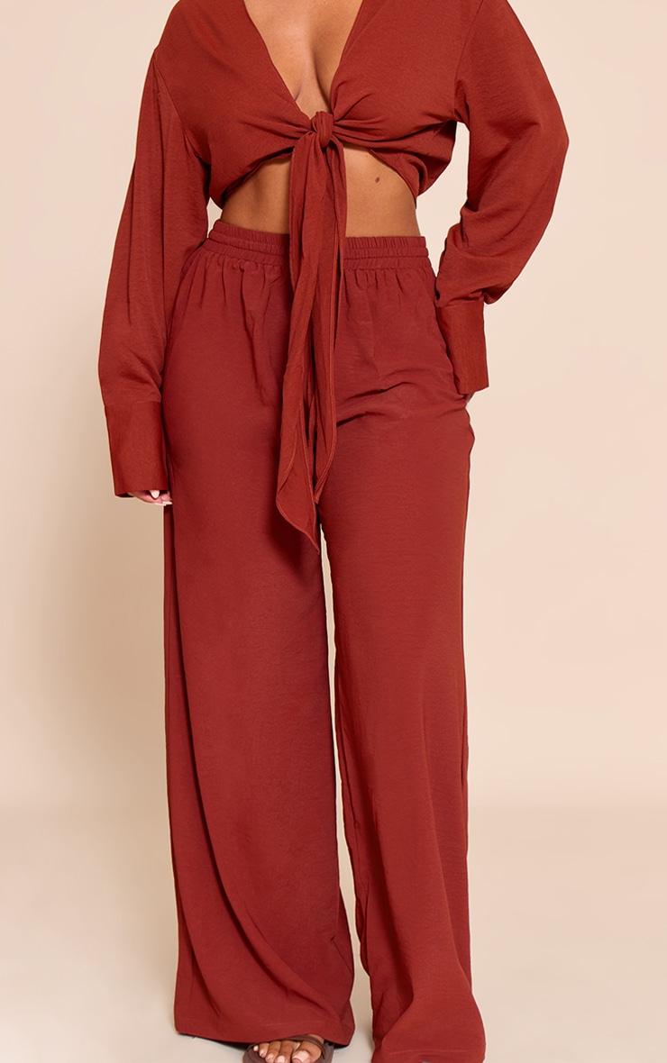 Shape Deep Red Hammered Satin Elasticated Waist Wide Leg Pants image 4