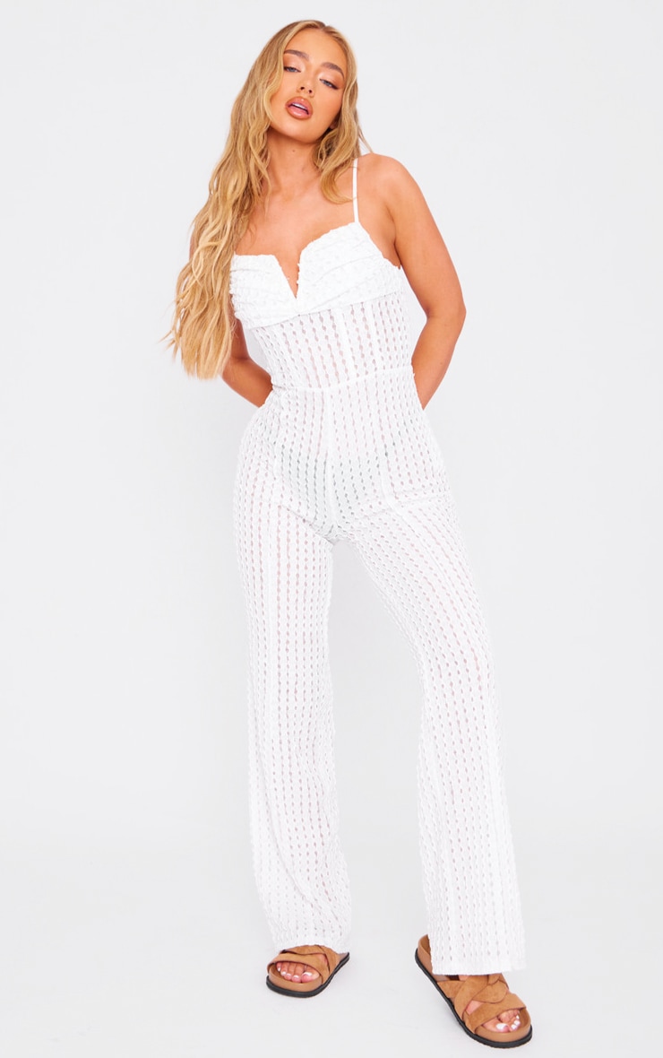 White Textured V Bar Corset Detail Wide Leg Jumpsuit image 3