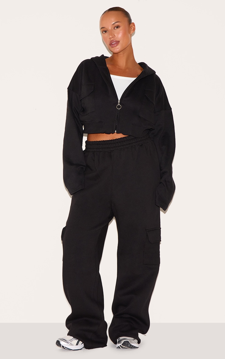 Plus Black Zip Up Cargo Crop Hoodie image 3